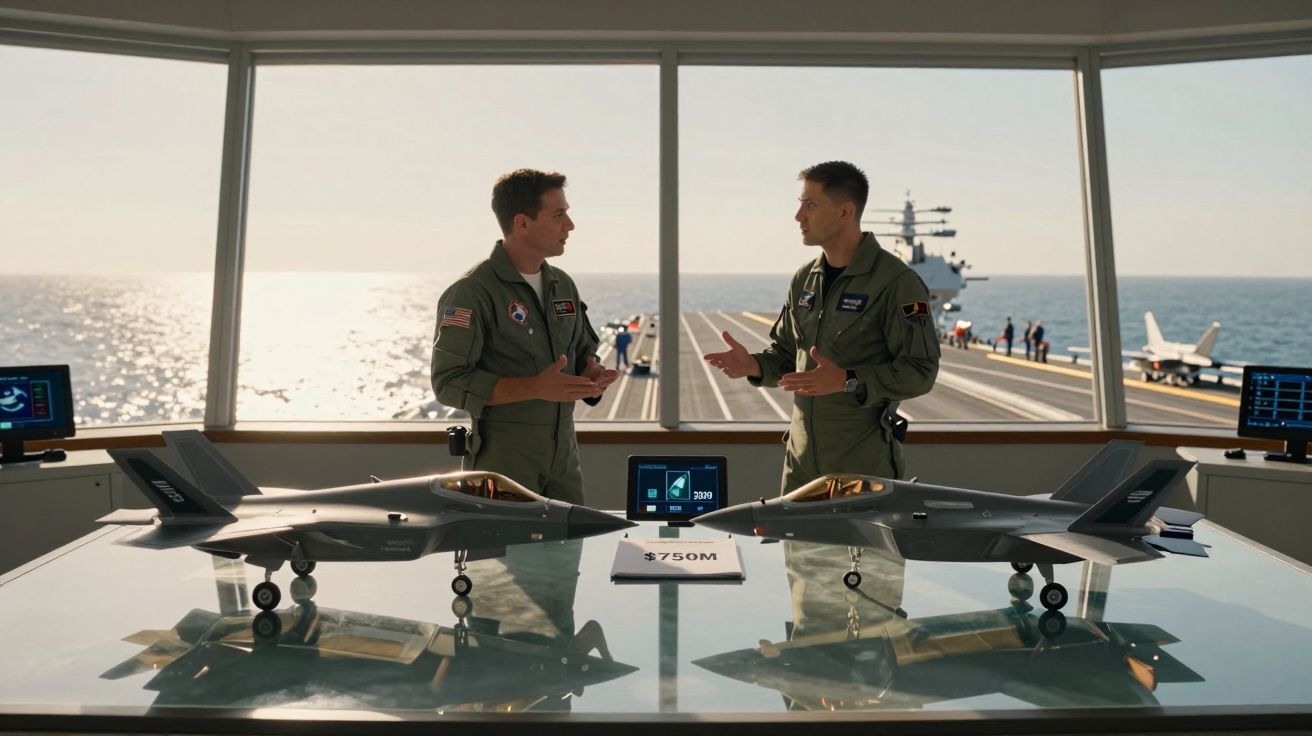 Dois pilotos em uniforme de voo discutem numa sala de controlo com maquetes de aviões militares e um porta-aviões ao fundo.