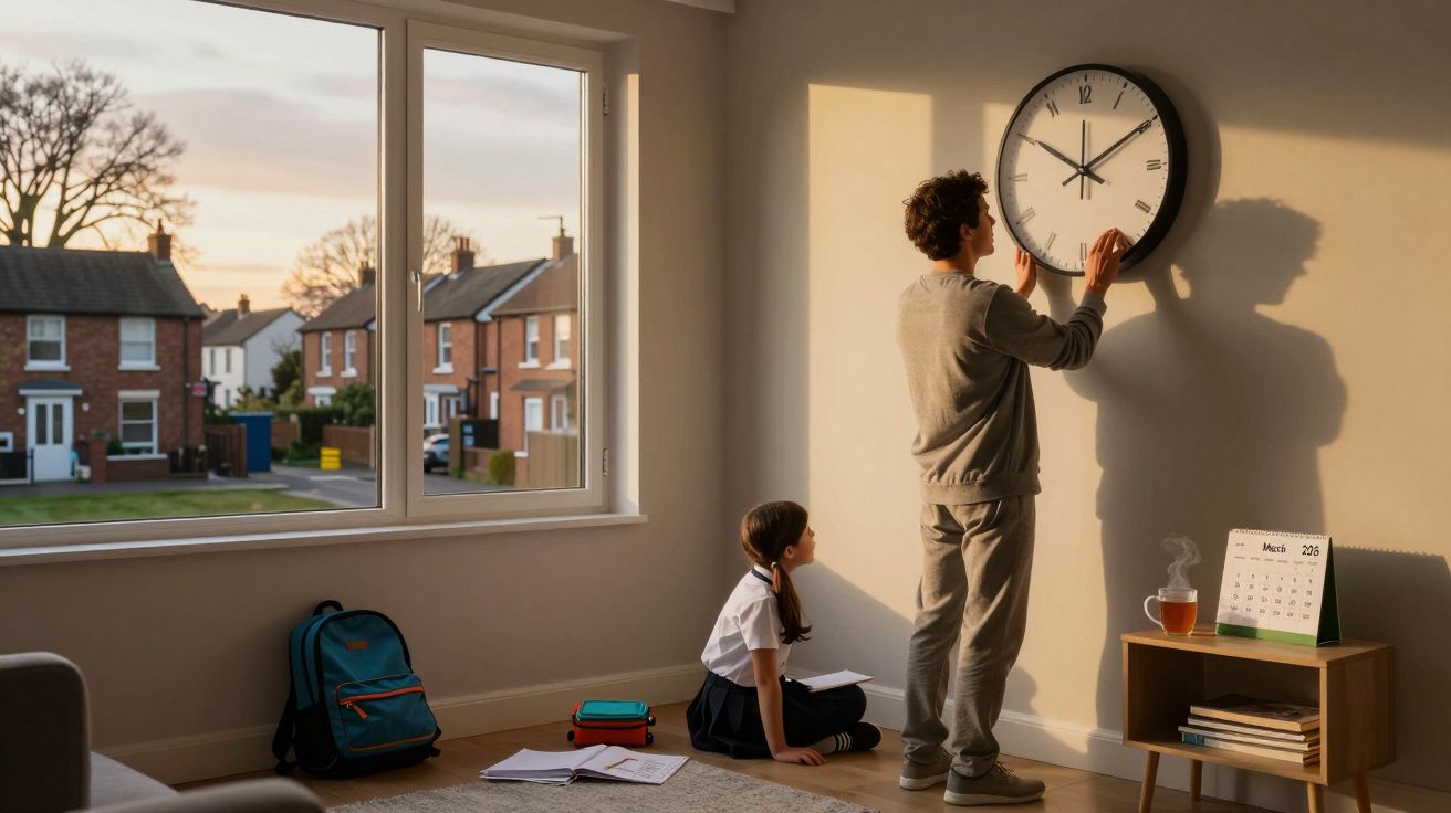 Criança a ajustar relógio na parede enquanto outra está sentada no chão a olhar para ele numa sala iluminada.