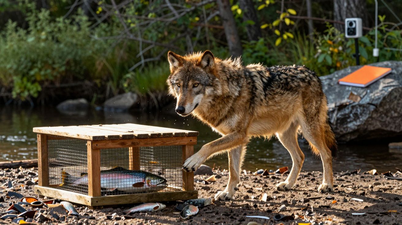 Lobo junto a armadilha de madeira com peixes à beira de um rio rodeado por vegetação.