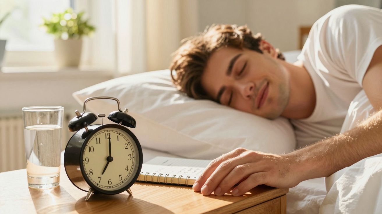 Homem a dormir sorridente na cama ao lado de um despertador e um copo de água numa mesa de cabeceira.