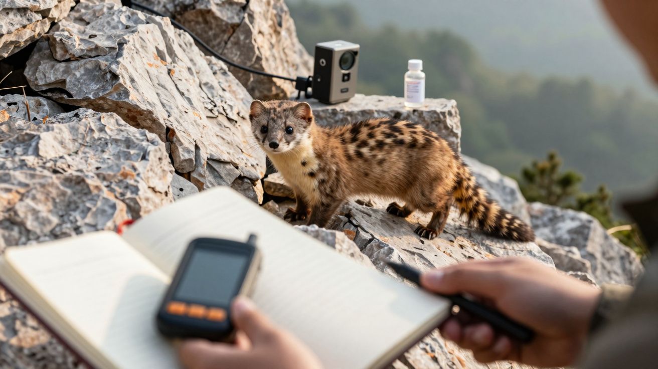 Mamífero selvagem com pêlo castanho às pintas junto a equipamento de registo e mão a escrever em caderno.