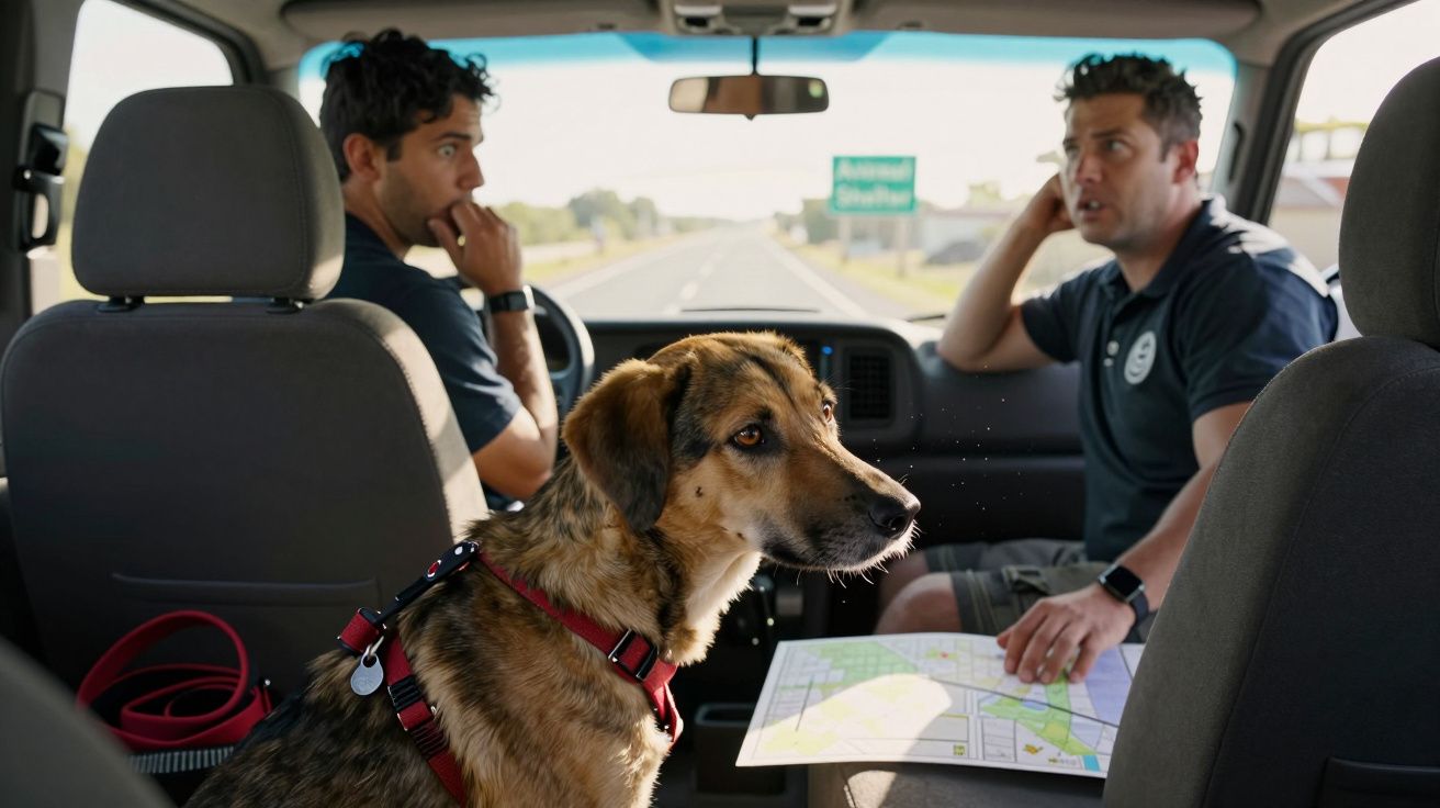 Cão de porte médio com arnês vermelho dentro de carro com dois homens que olham para frente atentos.