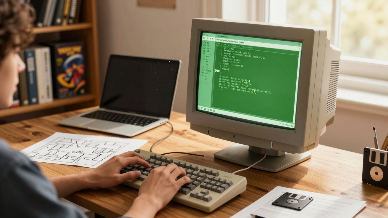 Pessoa a programar num computador retro com ecrã verde, teclado antigo, laptop fechado e disquetes na secretária.