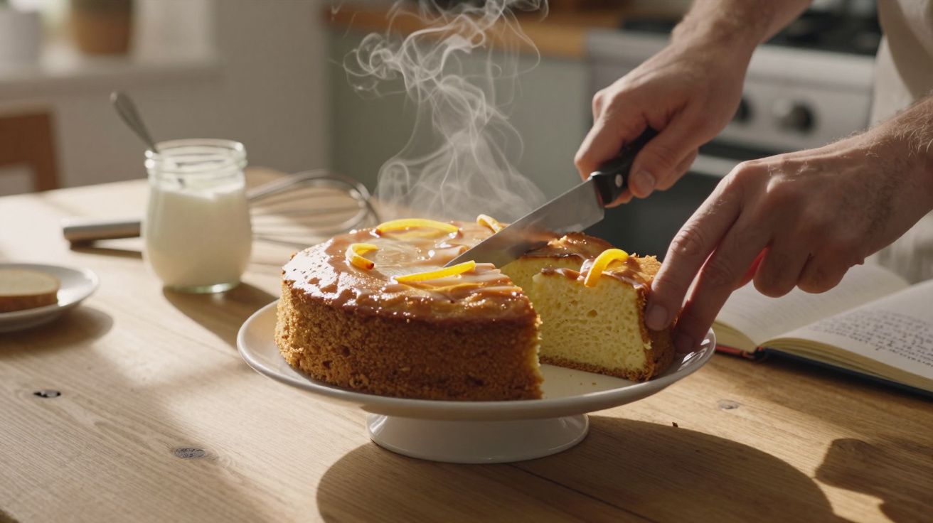 Pessoa a cortar fatia de bolo húmido com casca dourada e decoração de citrinos numa cozinha iluminada.