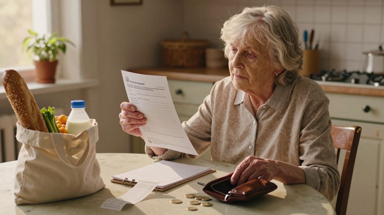 Idosa sentada à mesa olhando uma conta com carteira aberta e moedas ao lado, saco de compras com mantimentos.