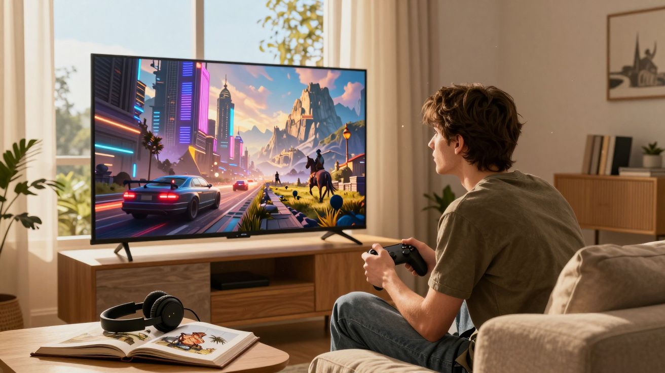 Rapaz sentado no sofá a jogar videojogo de corridas e aventura numa televisão grande na sala iluminada.