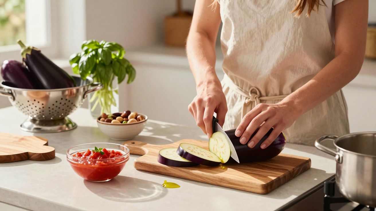 Pessoa a cortar beringela numa tábua de madeira numa cozinha com ingredientes frescos à volta.