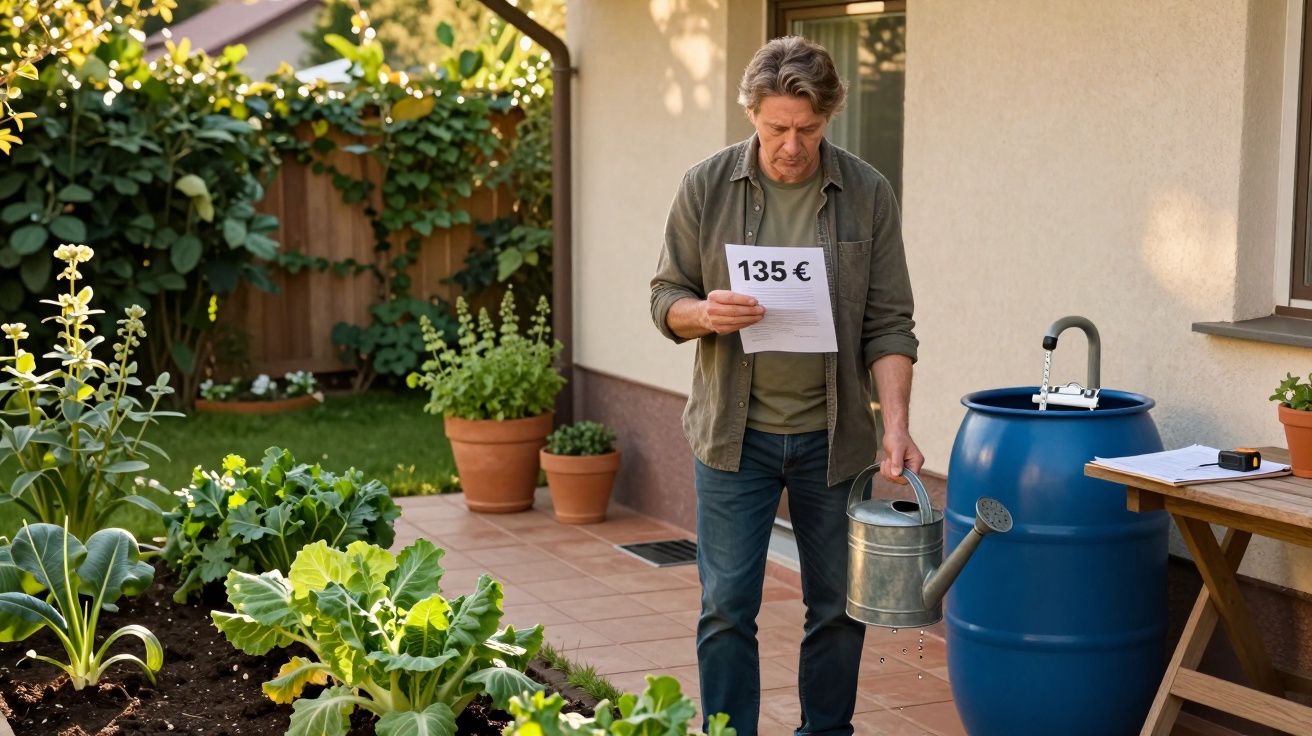 Homem num jardim a ler uma fatura de 135€ enquanto segura um regador e um barril azul de recolha de água.
