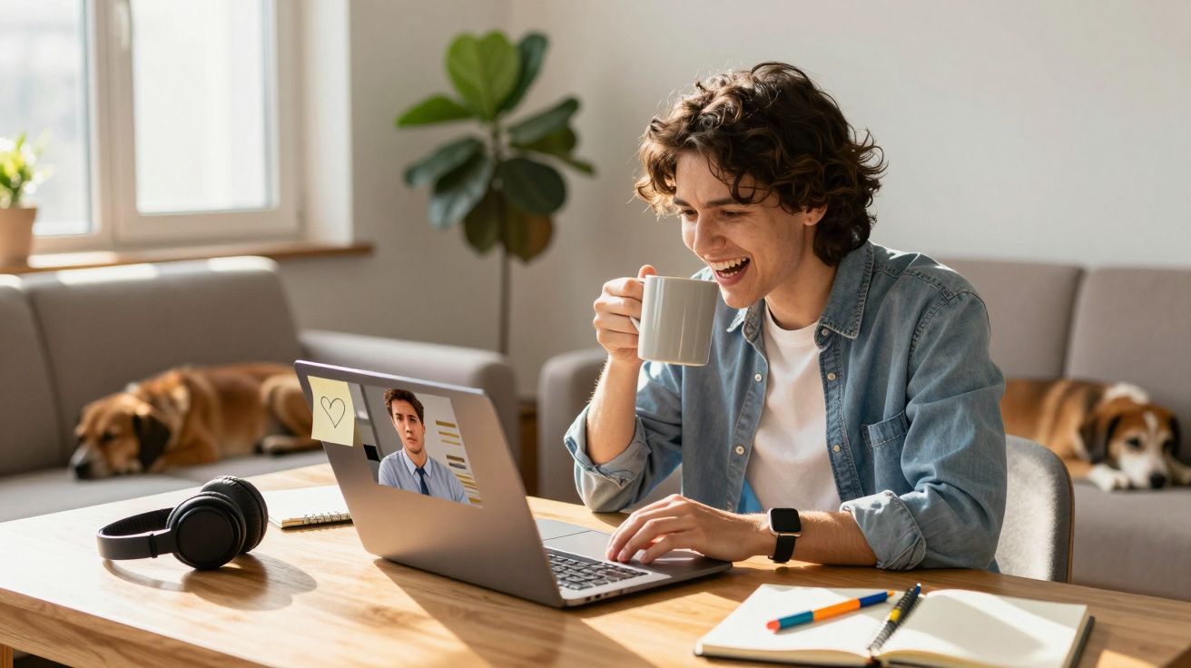 Jovem a fazer videochamada com computador, a beber café, em casa com cães a descansar no sofá ao fundo.