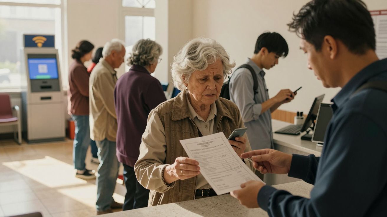 Mulher idosa entrega documento a funcionário num balcão, com outras pessoas em fila numa sala iluminada.