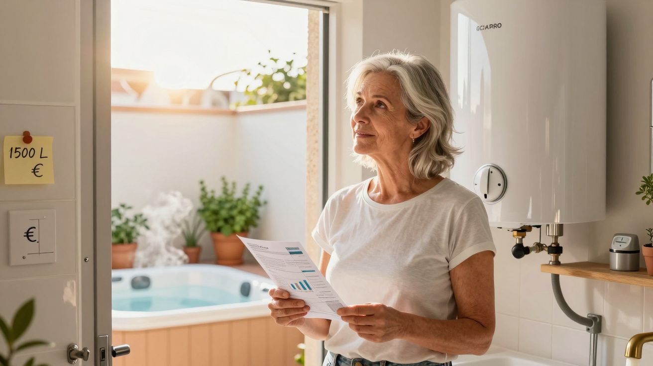 Mulher idosa de cabelos grisalhos a olhar para um equipamento doméstico enquanto segura uma fatura.