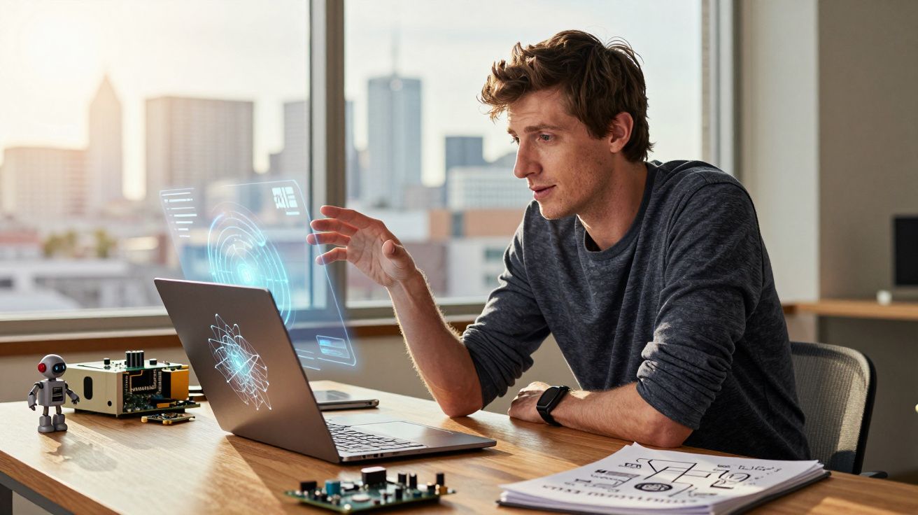 Homem a interagir com holograma futurista projetado por portátil numa mesa com peças eletrónicas e caderno aberto.