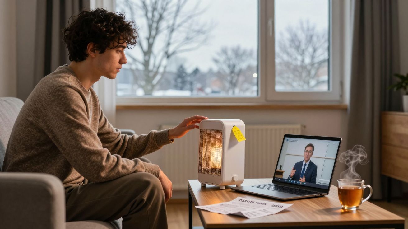 Jovem sentado num sofá a aquecer as mãos num aquecedor elétrico, com um laptop aberto e chá na mesa.