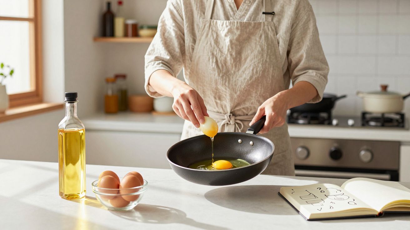 Pessoa a partir um ovo numa frigideira numa cozinha bem iluminada, com garrafa de óleo e ovos numa tigela ao lado.