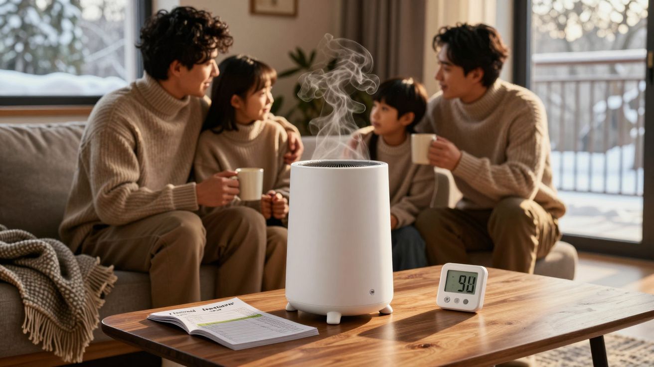 Humidificador a libertar vapor numa sala onde uma família de quatro pessoas conversa e bebe chá sentada no sofá.