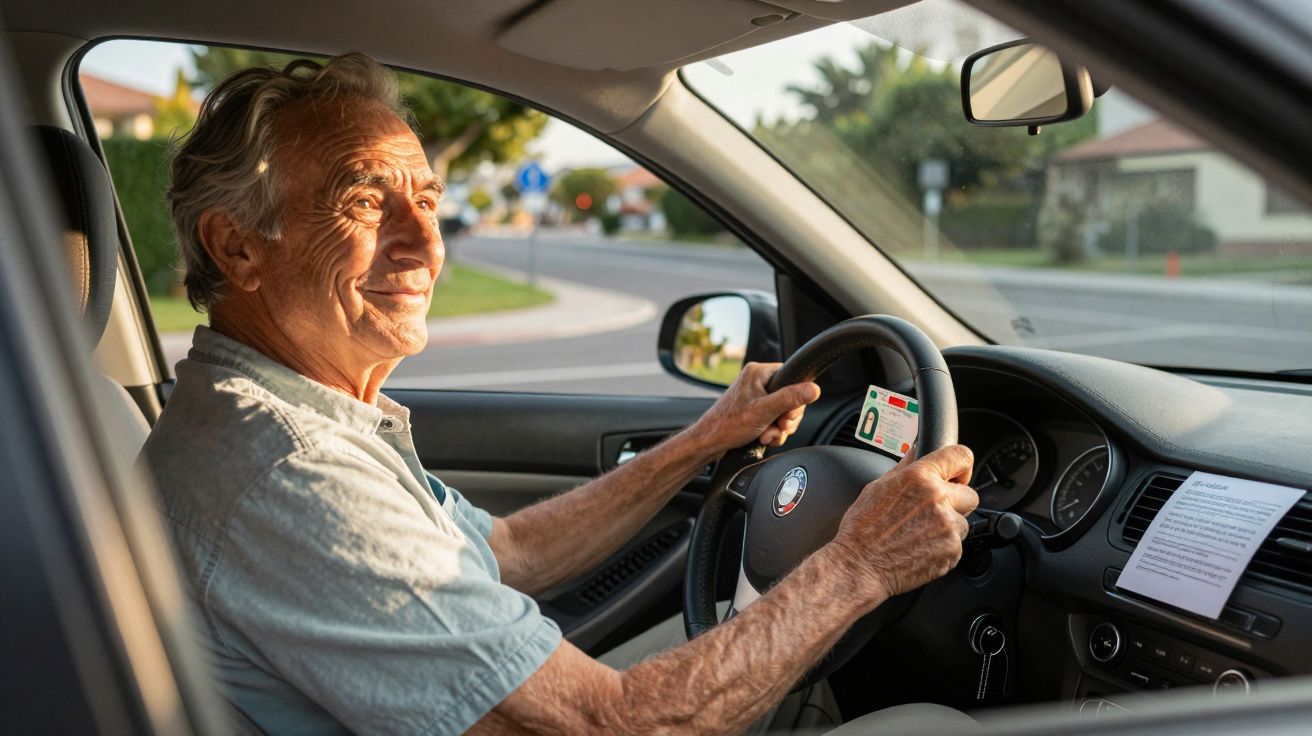 Homem idoso sorridente sentado ao volante de um carro, segurando a carta de condução com a mão direita.