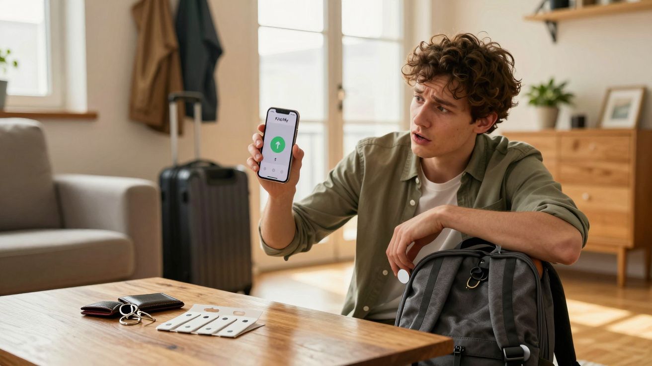 Jovem sentado junto a uma mesa, a mostrar um smartphone com aplicação de tracking e mala de viagem ao fundo.