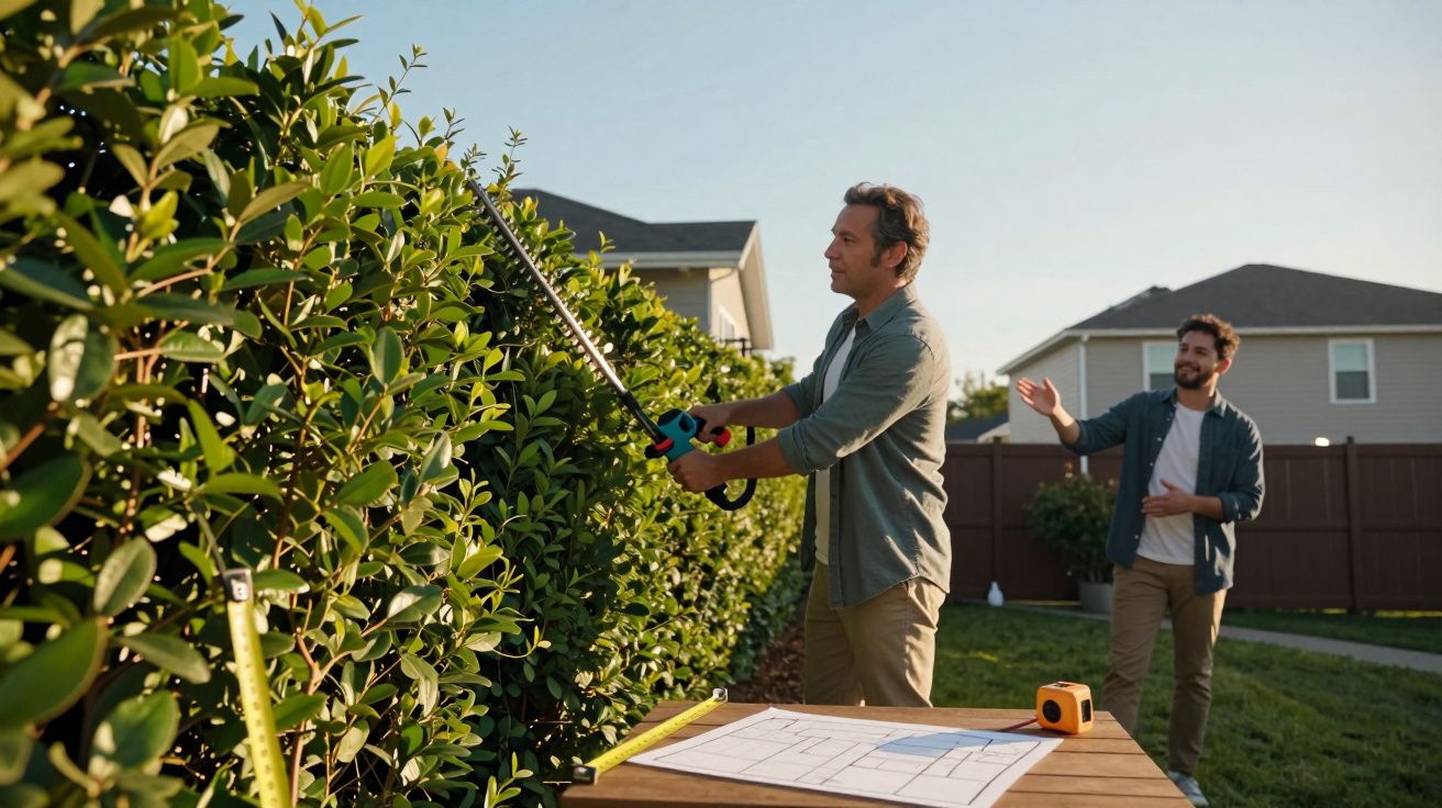 Homem a cortar sebe com tesoura elétrica enquanto outro observa no jardim de casa.