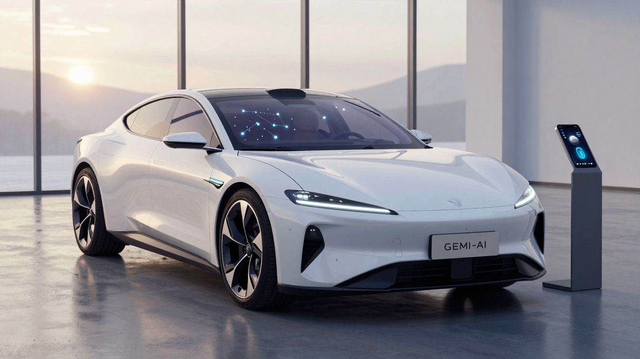 Carro elétrico branco futurista GEMI-AI numa sala ampla com janelas grandes e painel digital ao lado.