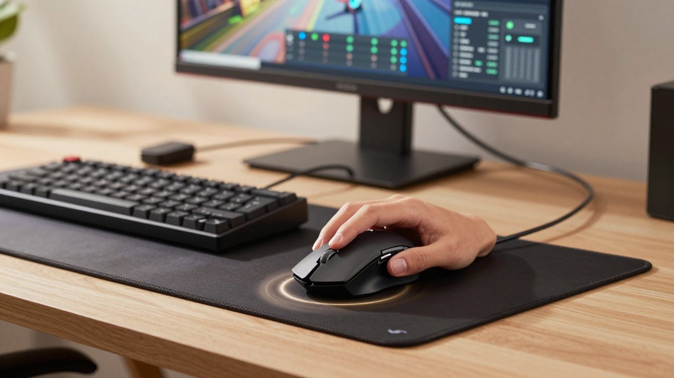 Mão a segurar rato de computador com iluminação, teclado e monitor com jogo aberto numa secretária de madeira.