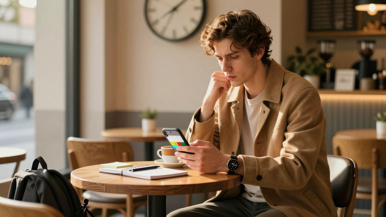 Jovem sentado numa cafetaria a olhar para o telemóvel, com caderno e café na mesa.