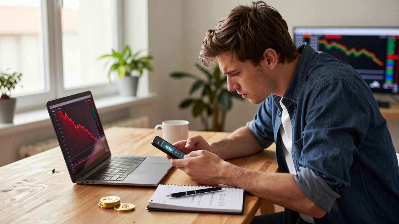 Homem preocupado verifica smartphone com gráficos financeiros negativos ao lado de computador portátil e notas numa mesa.