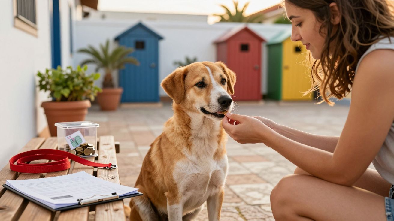 Mulher a dar um petisco a um cão castanho e branco sentado numa praça com casas coloridas ao fundo.