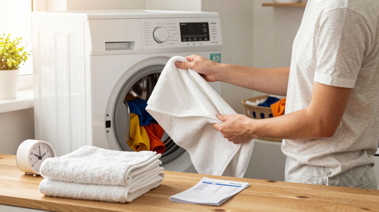 Pessoa a retirar toalha branca da máquina de lavar roupa em lavandaria com pilha de toalhas na mesa.