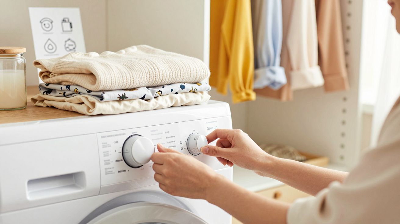 Pessoa a ajustar comandos numa máquina de lavar roupa branca com roupa dobrada por cima.