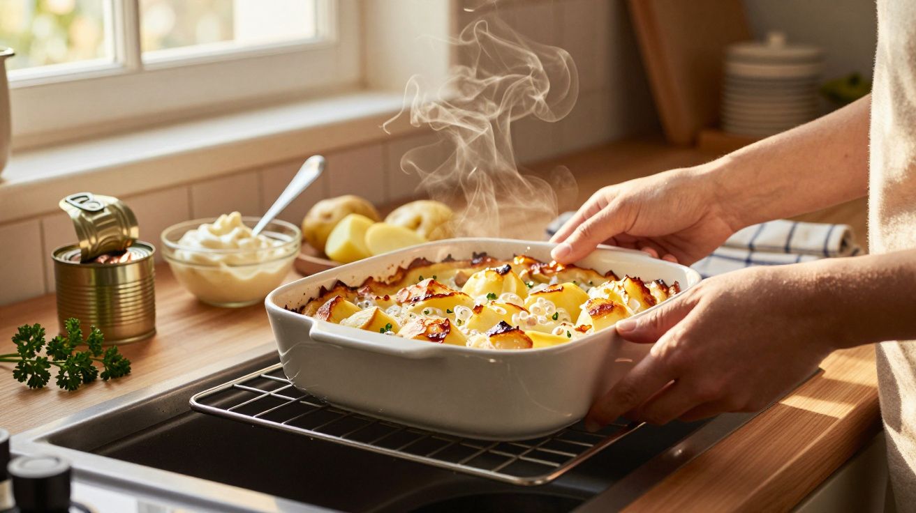 Pessoa a retirar do forno um tabuleiro de batatas gratinadas fumegantes numa cozinha iluminada.