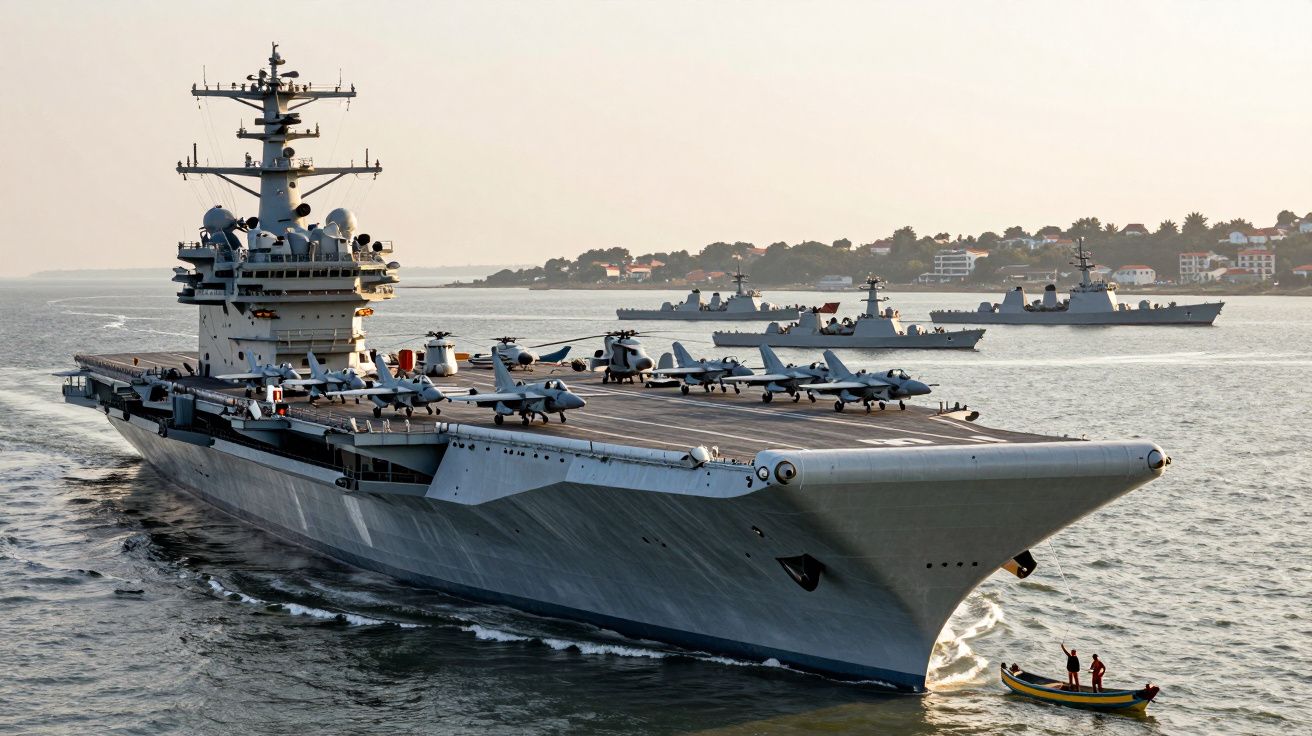 Porta-aviões com vários aviões de combate a bordo navegando próximo à costa com três navios militares ao fundo.