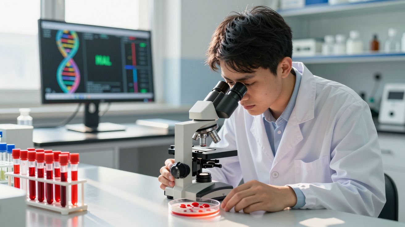Jovem cientista examina amostras numa placa petri usando microscópio num laboratório moderno.