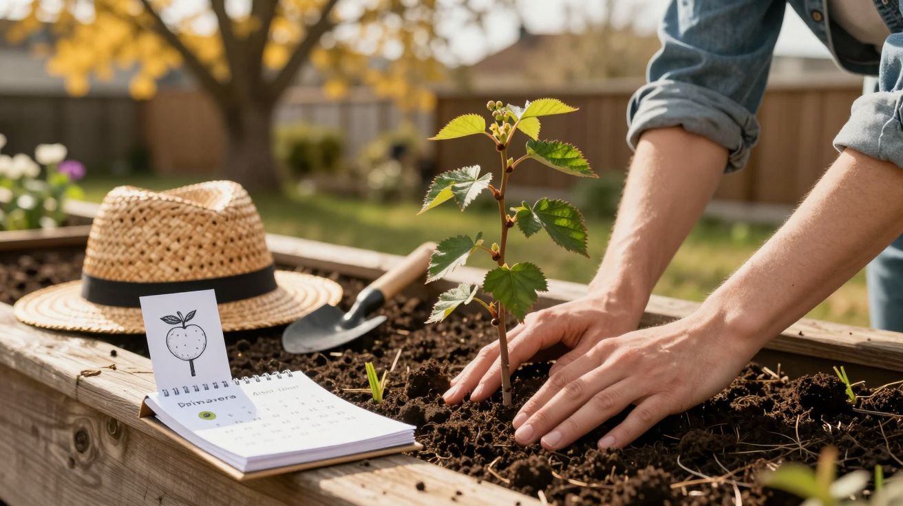 Mãos a plantar uma muda de videira num canteiro com terra, chapéu de palha e calendário ao lado.