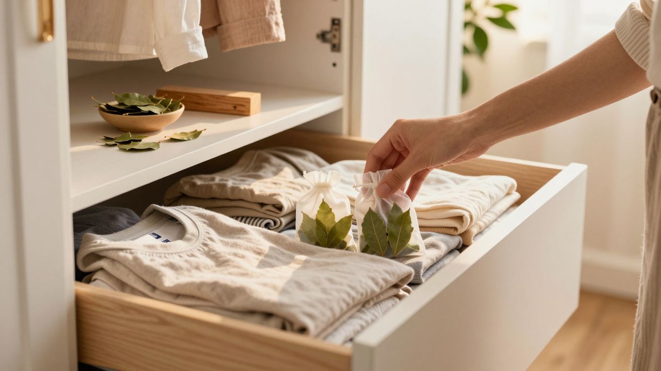 Mão a colocar saquinhos com folhas perfumadas numa gaveta arrumada com roupa.