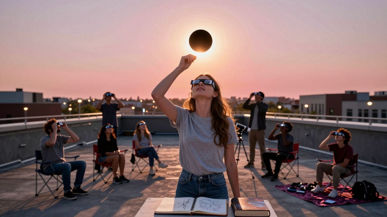 Grupo de pessoas num telhado a observar o eclipse solar com óculos especiais ao pôr do sol.