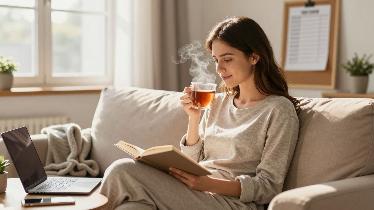 Mulher sentada no sofá a ler um livro e a beber chá quente, com computador portátil aberto à sua frente.