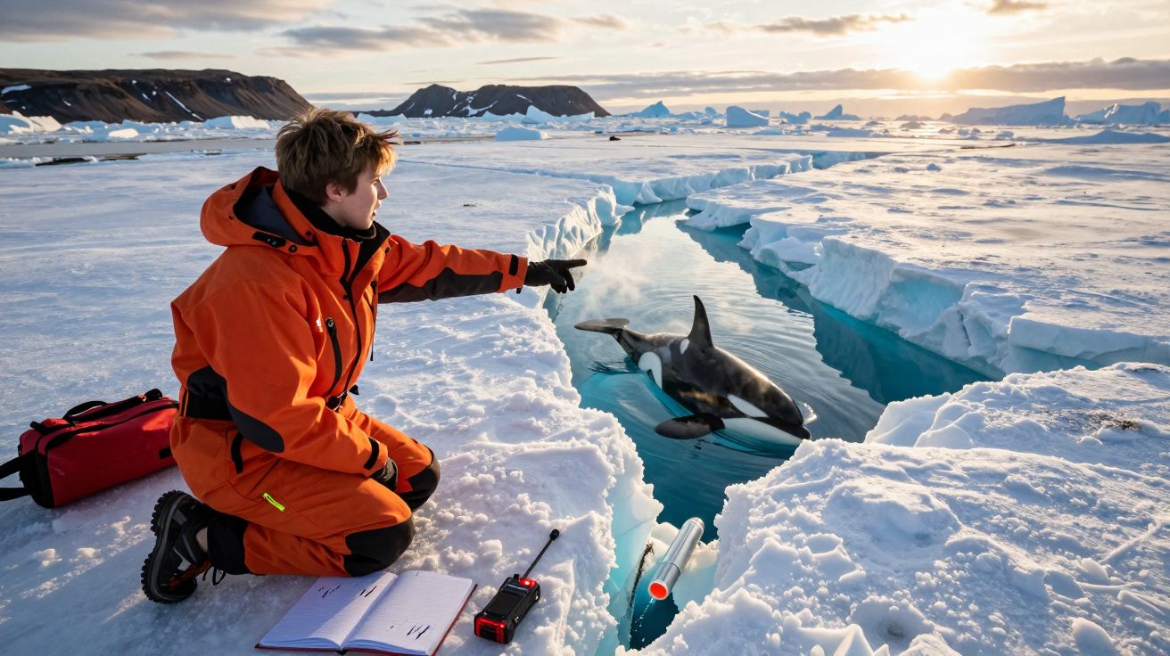 Pessoa em fato térmico laranja interage com uma orca numa fissura no gelo no Ártico ao pôr do sol.