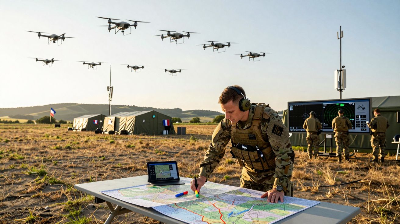 Militar a planear missão com drones no campo, tendas e ecrãs de controlo ao fundo ao pôr do sol.