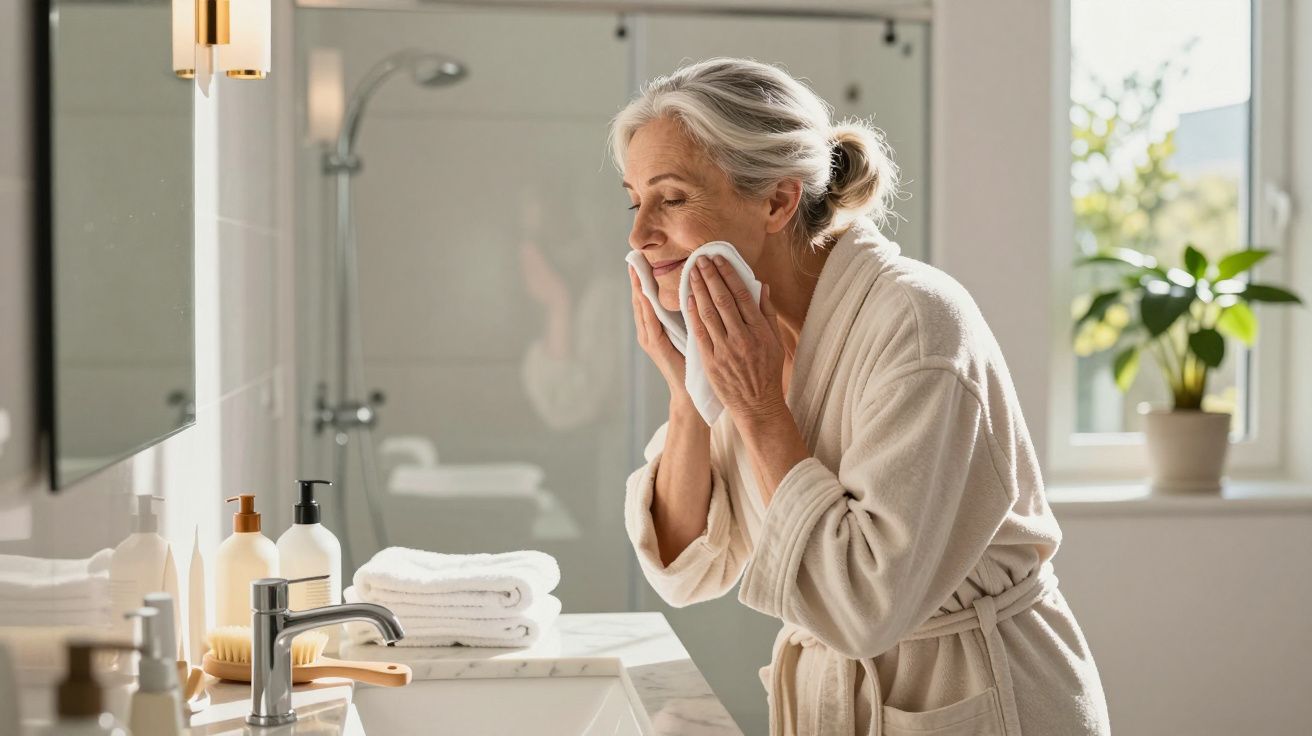 Mulher sénior em robe branco a limpar o rosto com uma toalha numa casa de banho iluminada.