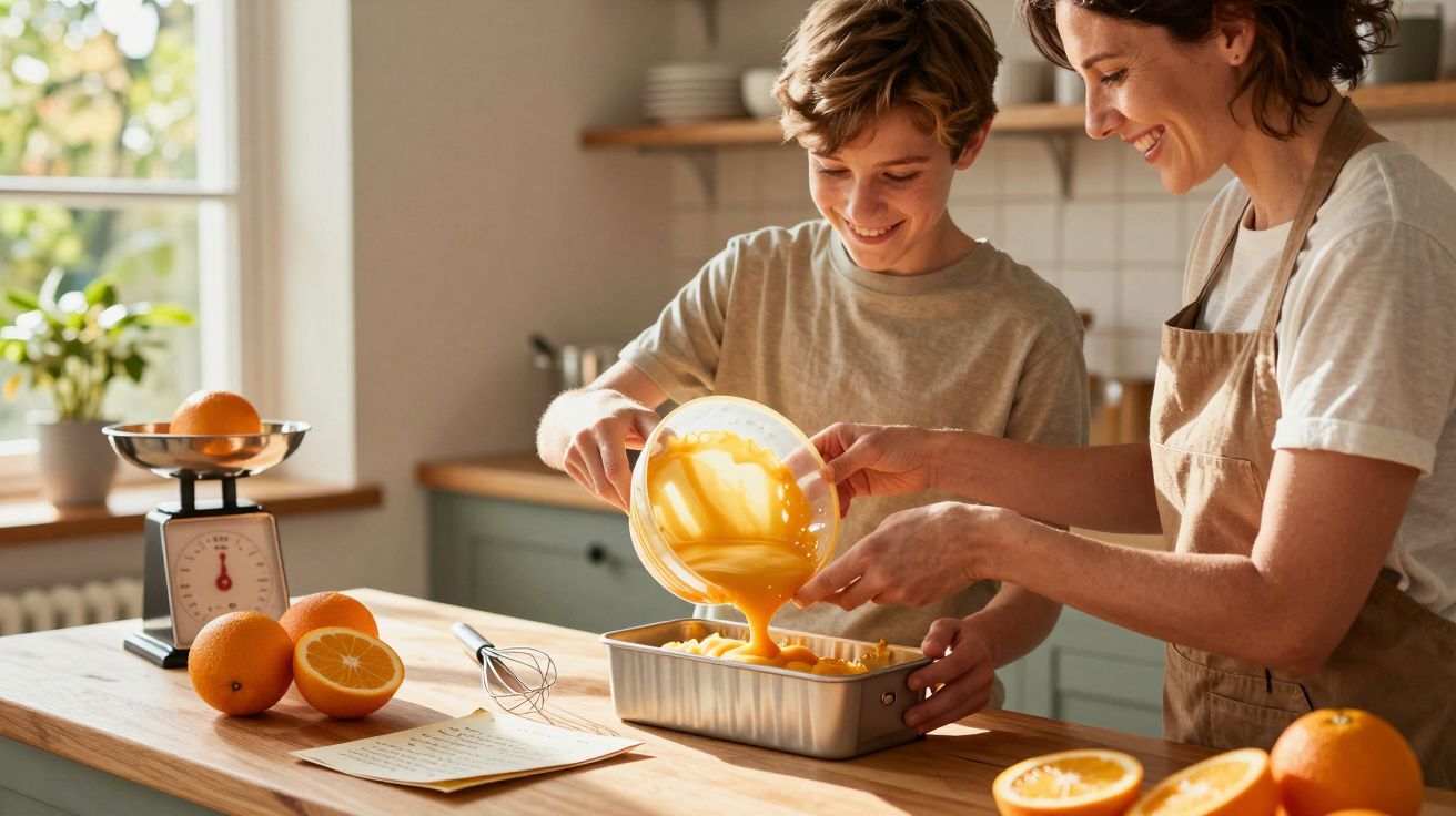 Criança e mulher na cozinha a preparar uma receita, despejando mistura numa forma com laranjas na bancada.
