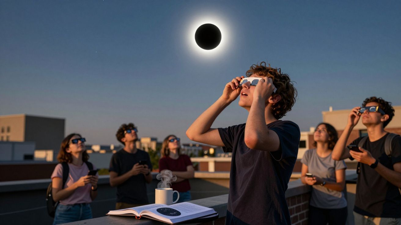 Grupo de jovens a observar eclipse solar com óculos de proteção numa cobertura urbana ao entardecer.