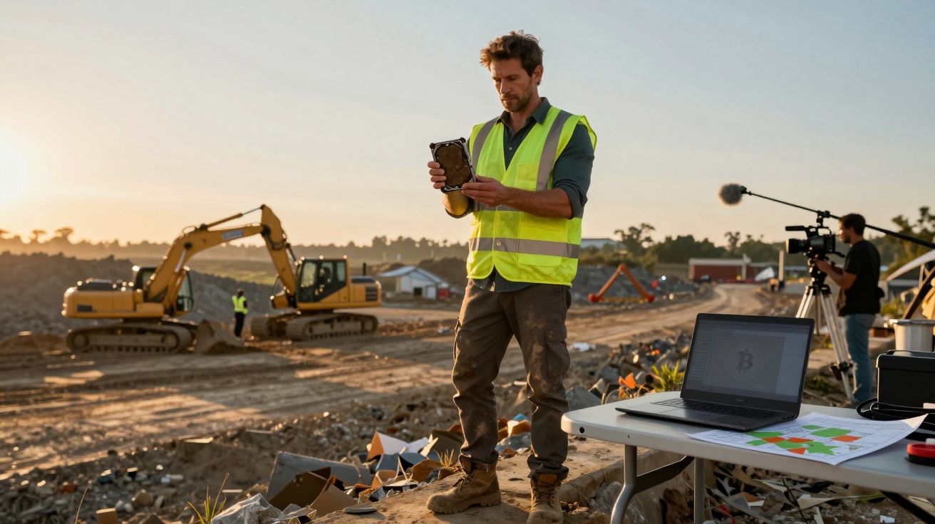 Homem com colete refletor usa tablet numa obra com escavadoras e material de construção ao fundo.