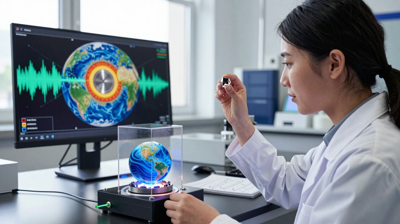 Cientista em laboratório a analisar modelo 3D da Terra com dados sísmicos no ecrã do computador.