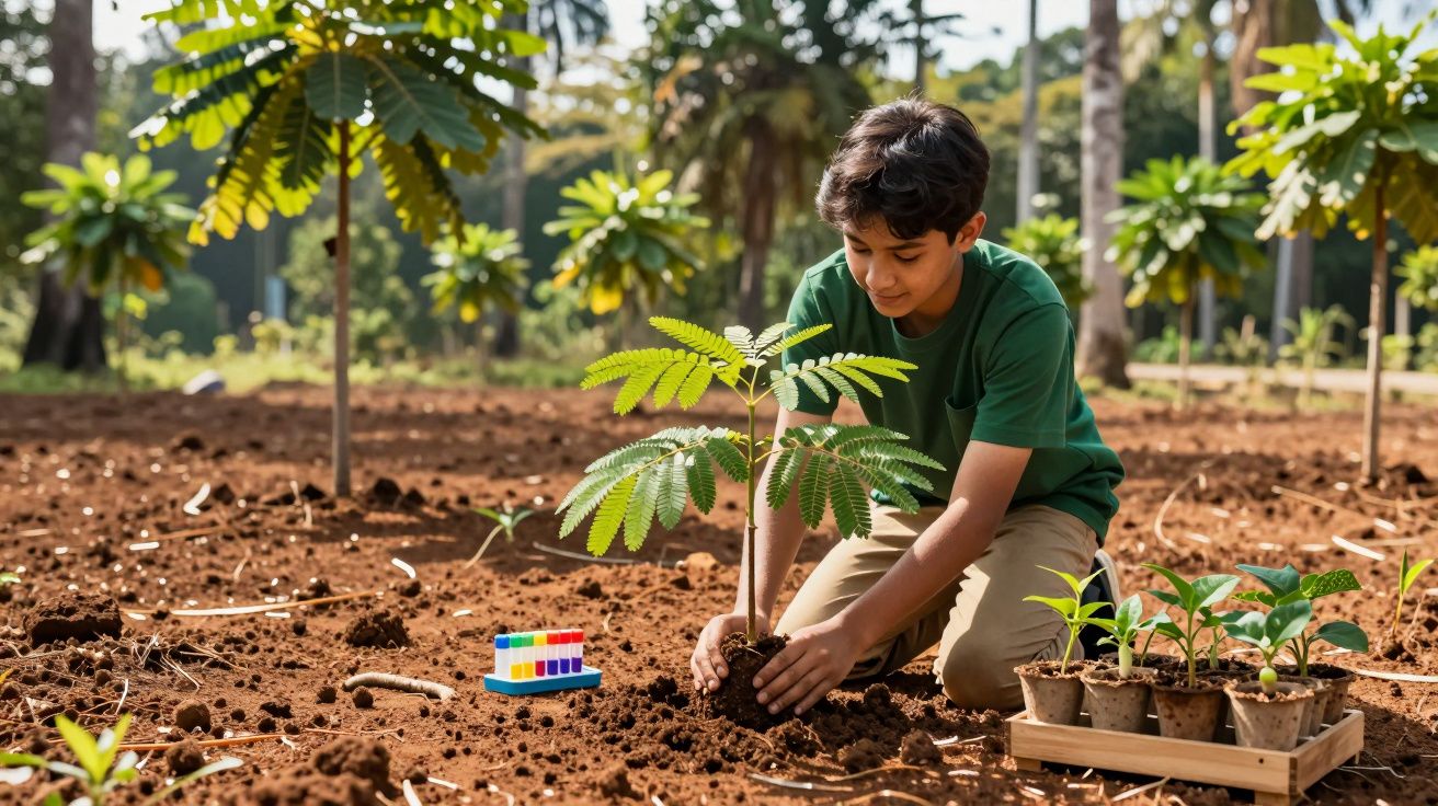Rapaz a plantar árvore jovem em solo fértil num ambiente natural com outras plantas ao redor.