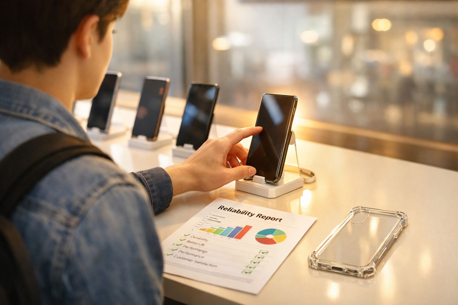 Pessoa a testar um smartphone numa loja, com vários telemóveis em exposição e um relatório ao lado.
