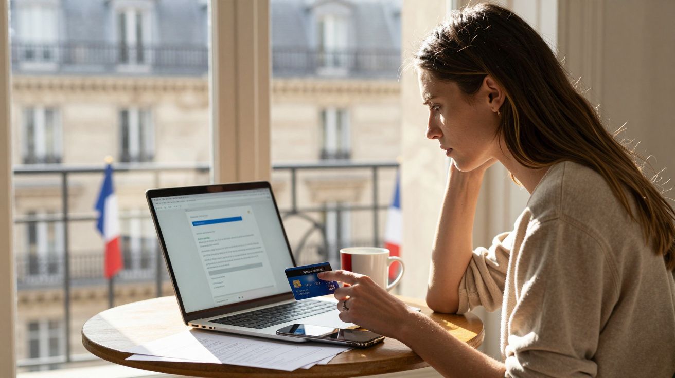 Mulher a usar cartão de crédito para fazer pagamento online num computador portátil numa mesa redonda.
