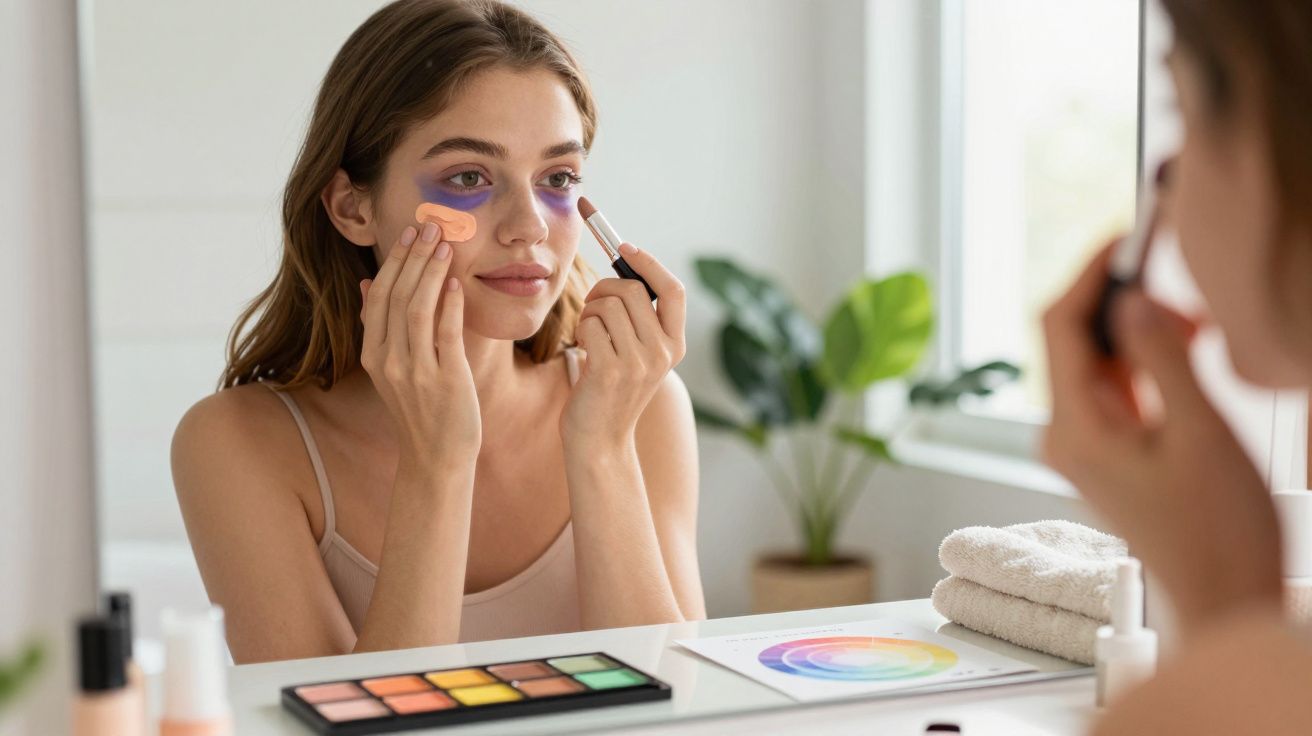 Mulher a aplicar maquilhagem com pincel, olhando para espelho, à frente paleta e roda de cores num ambiente iluminado.