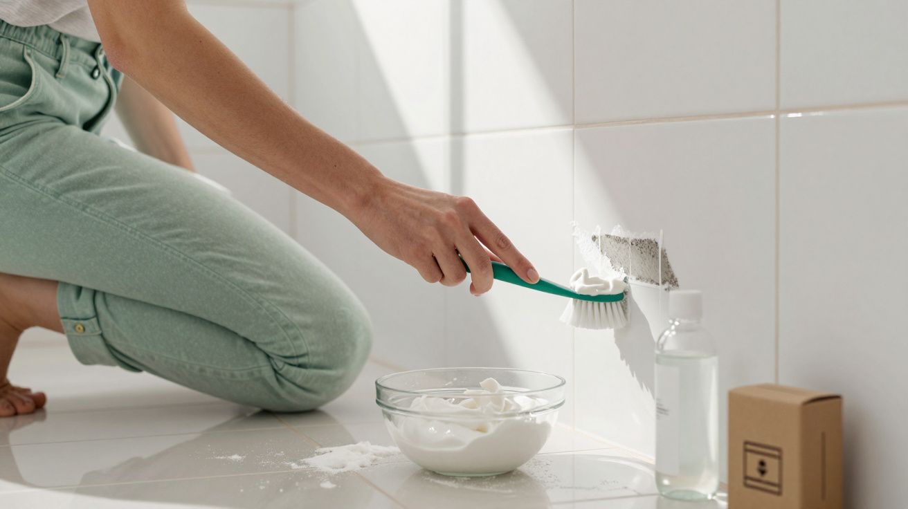 Pessoa a limpar manchas de bolor nas paredes brancas da casa de banho com escova e mistura caseira.