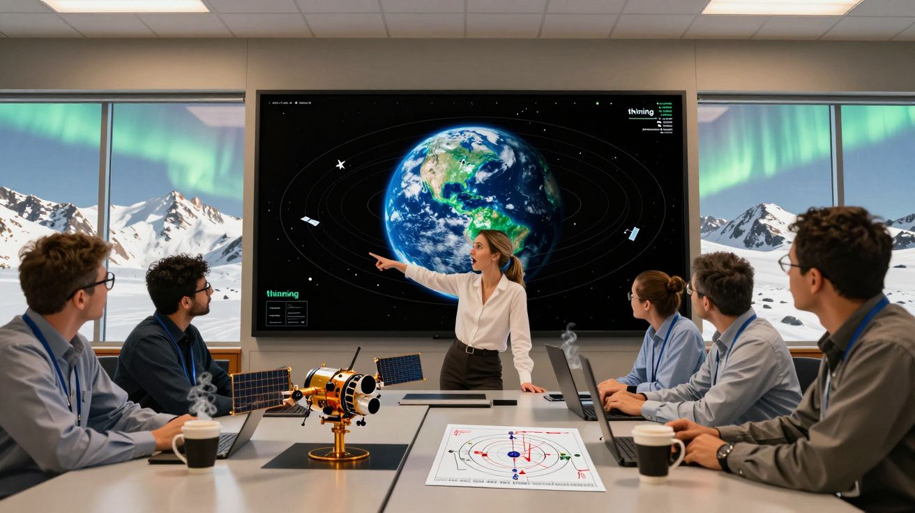 Grupo de cientistas em reunião com mapa terrestre e paisagem de neve e aurora boreal na janela.