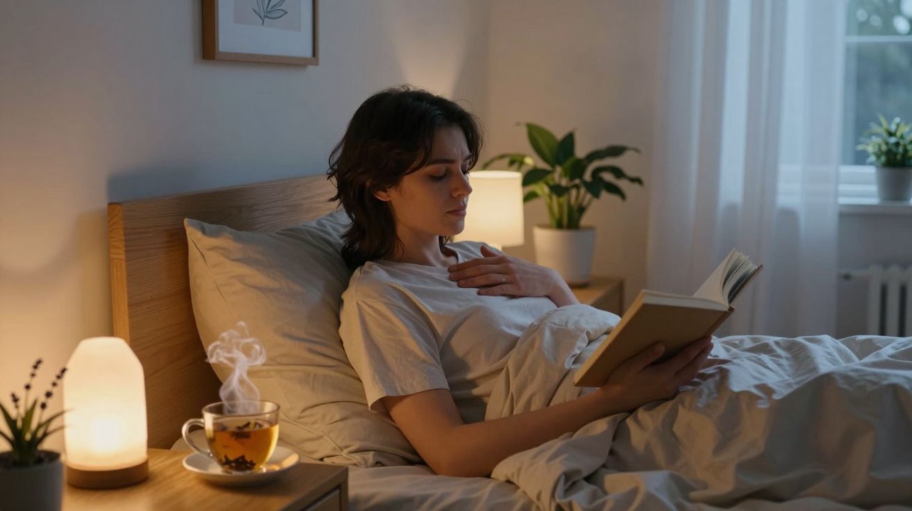 Mulher deitada na cama a ler um livro, com luz suave, chá quente e plantas no quarto.